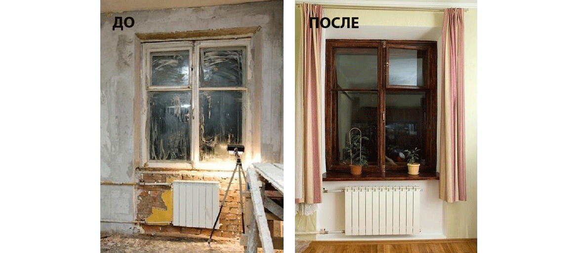 Деревянное окно до и после реставрации